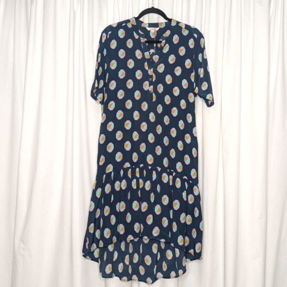 Tucker NYC Laura Dress Midnight Geo in Crepe de Chine Silk Ruffle Hem